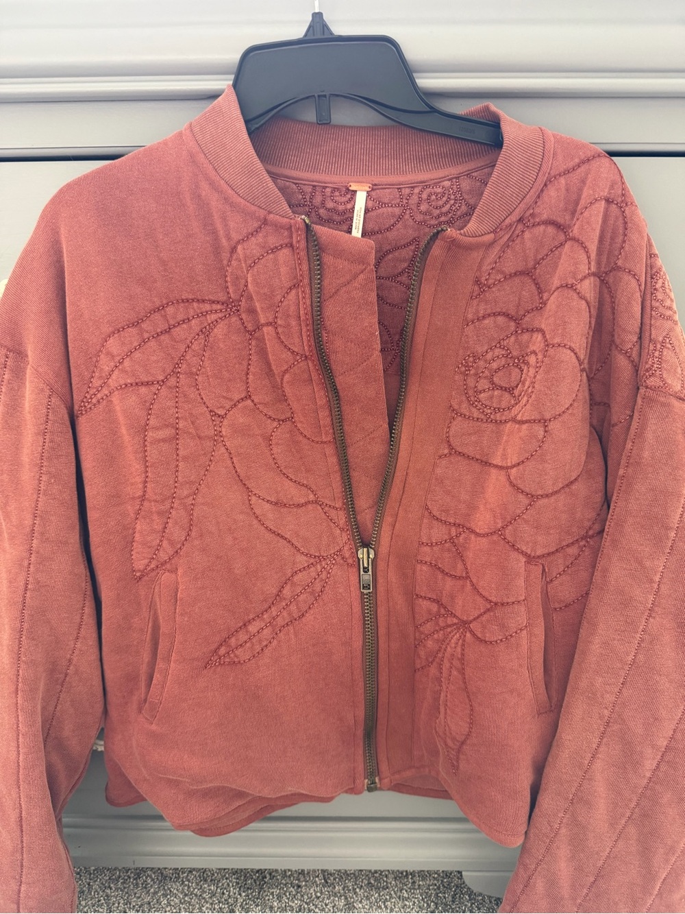 Free People Rose-Embroidered Suede-Look Bomber Jacket - Rust